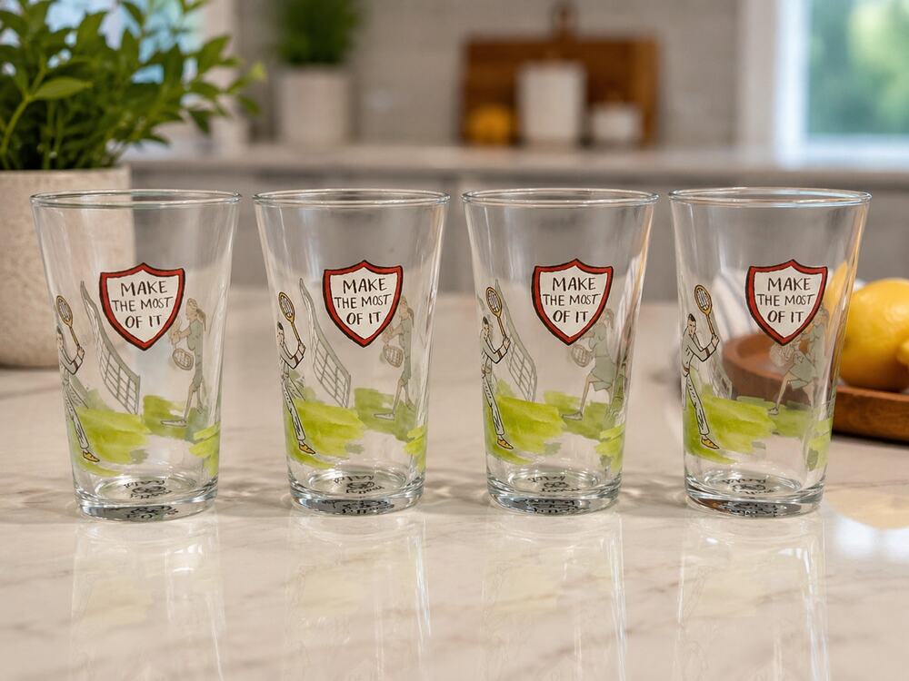 Rare Anthropologie Molly Hatch Tennis Juice Glass Set of 4 "Make The Most Of It"